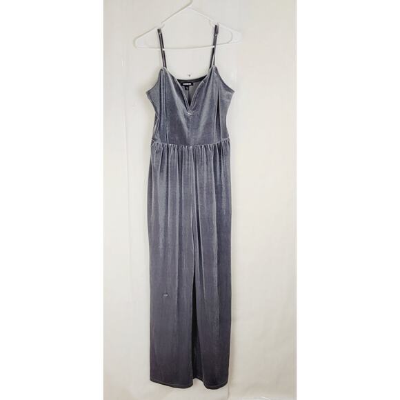 Express grey velvet jumpsuit Size medium sweetheart neckline Retro Glam Y2K - Picture 1 of 9
